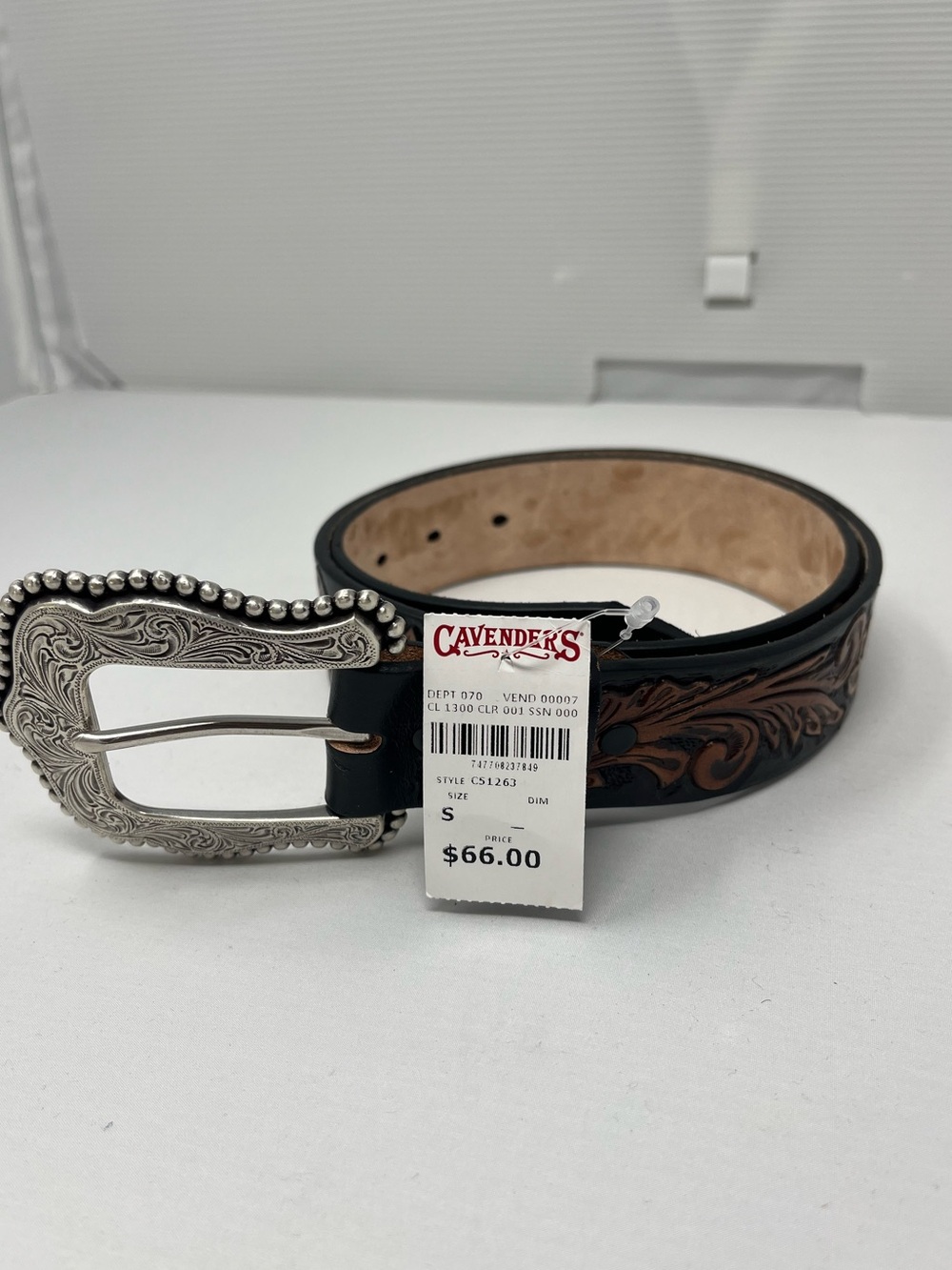 Tony Lama Delheart Daisy Tooled Leather Western Belt Black Tan C51263 Women's S